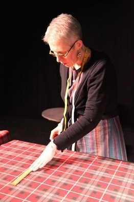 Kiltmaker Lesley Thornton marking out a kilt - Crimson Kilts