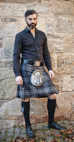 `gent's kilt in Antique Scotland Forever tartan from Lochcarron of Scotland, worn with dress sporran in grey sealskin - Crimson Kilts